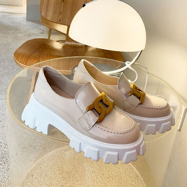 

Womens genuine leather thick sole platform flats loafers leisure chain punk fashion moccasins leisure female brogues shoes saleDress Shoes, Beige
