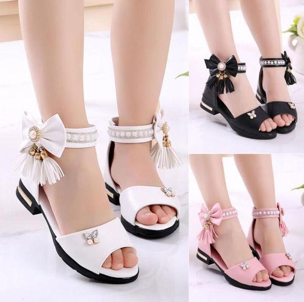 

sandals kids bow children girls summer cute beach 2021 princess fashion high heels tassel school shoes, Black;red