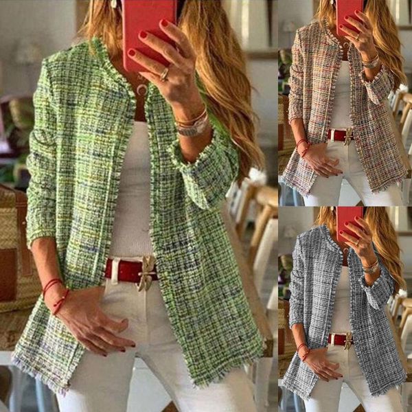 

women's jackets vintage stylish rainbow tweed plaid tassel jacket coat women 2021 fashion o-neck long sleeve loose outerwear chic, Black;brown