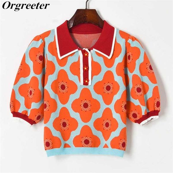

summer lapel color contrast flower jacquard puff sleeve knit cropped women chic button thin sweater 211006, White;black
