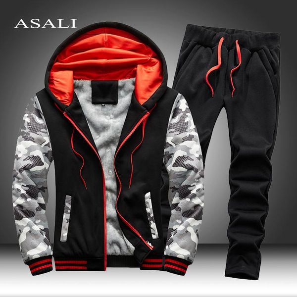 

sets tracksuit men fleece jacket cotton autumn winter hooded sweatshirt sportswear 2021 male suit pullover two piece set casual, Gray