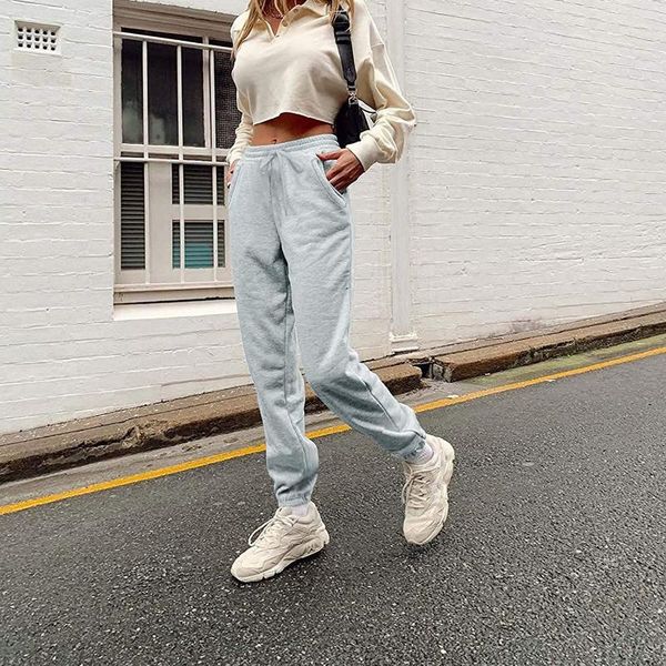 

women's pants & capris casual beam feet trousers fashion wild solid color elastic high waist drawstring fitness female sportswear jogge, Black;white