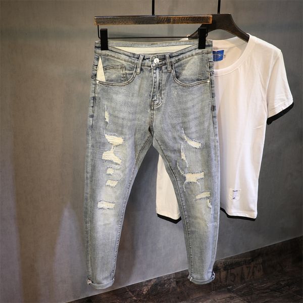 

2021 new korean style fashion men jeans retro light blue designer ripped denim pencil pants streetwear slim fit elastic hip hop trouser seqf