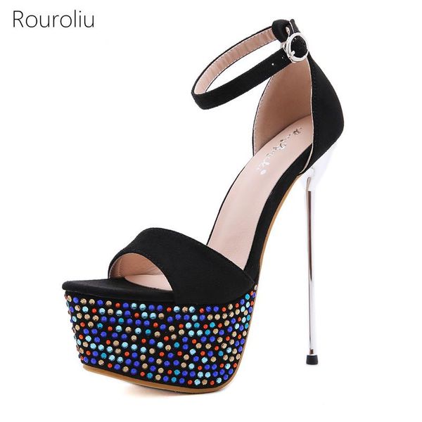 

dress shoes 2021 colorful rhinestones thick platform sandals women summer 16cm thin heel buckle strap party woman pumps, Black