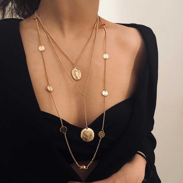 

jewelry punk exaggeration multi layer sequin virgin alloy pendant necklace, Silver