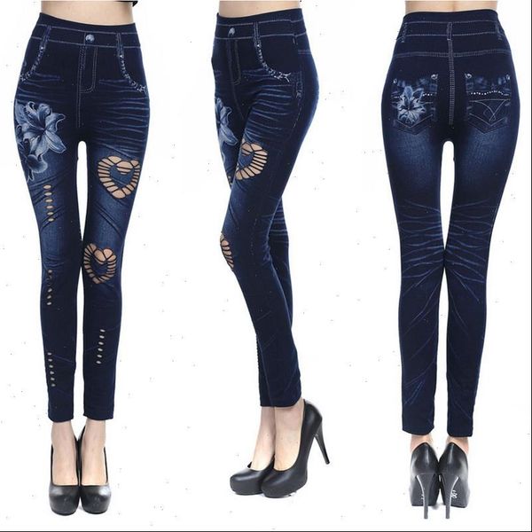 

2021 women leggings fashion casual floral print hollow out faux denim leggin skinny pencil pants plus size 3xl bottom, Black