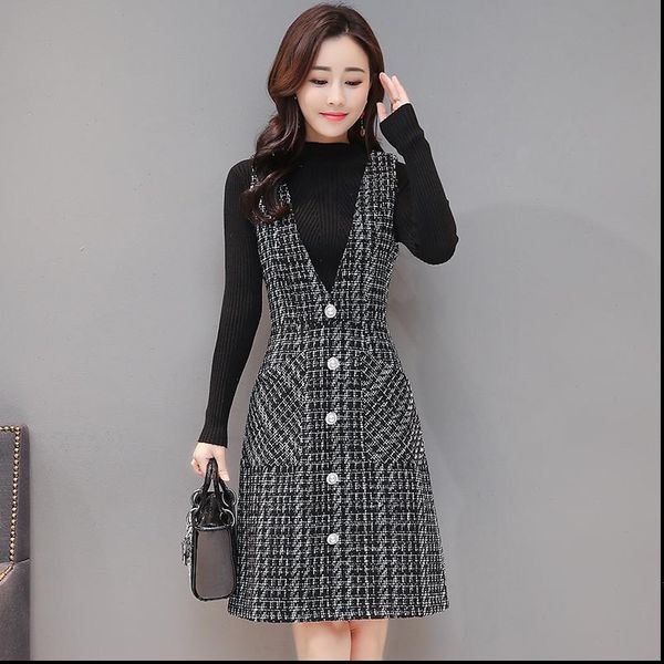 

women autumn winter vest dress v neck strap dress vintage sleeveless pocket plaid dress female slim woolen dresses vestidos r541, Black;gray