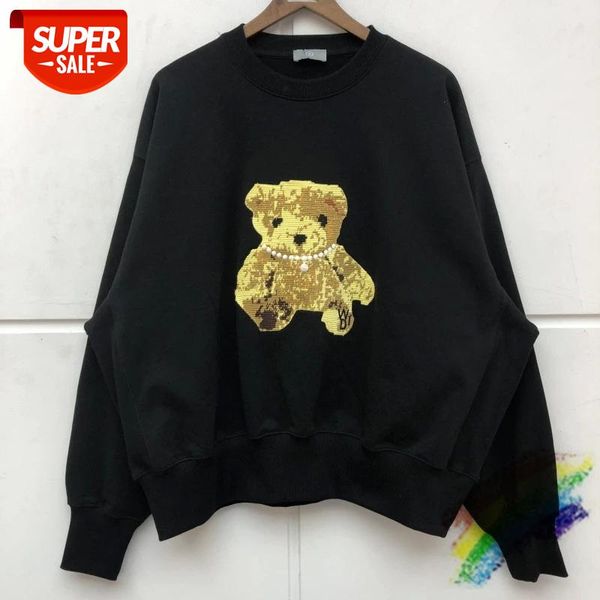 

heavy fabric embroidery bear we11done sweatshirts men women 1:1 oversized heavy fabric welldone pullover crewneck #vc3e, Black