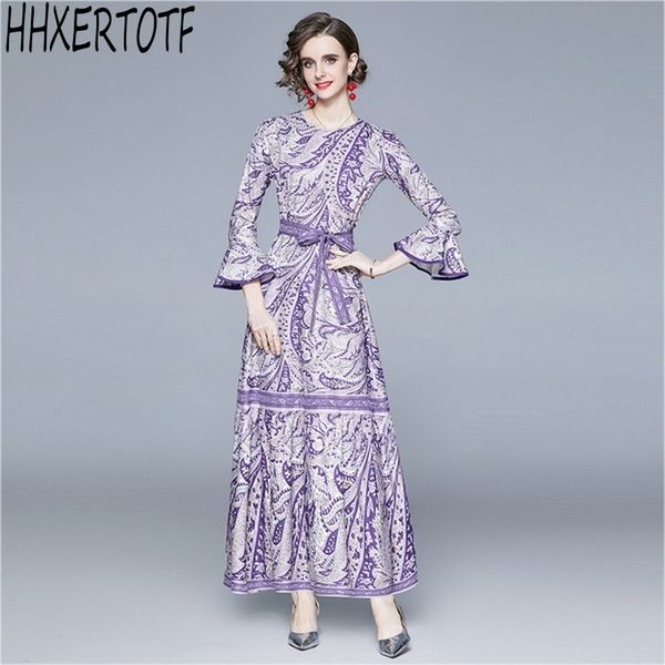 

spring women bohemian long dress vintage printing o neck sleeve belt a-line holiday maxi vestidos 210531, Black;gray