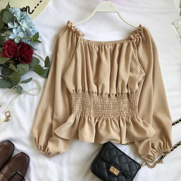 

women blouses horizontal neck off shoulder bubble sleeve clothes white pink solid  shirt 210601