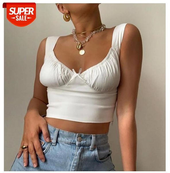

white spaghetti straps low cut bow ruches crop 2020 summer women sleeveless camisole female skinny bralette #nh3z