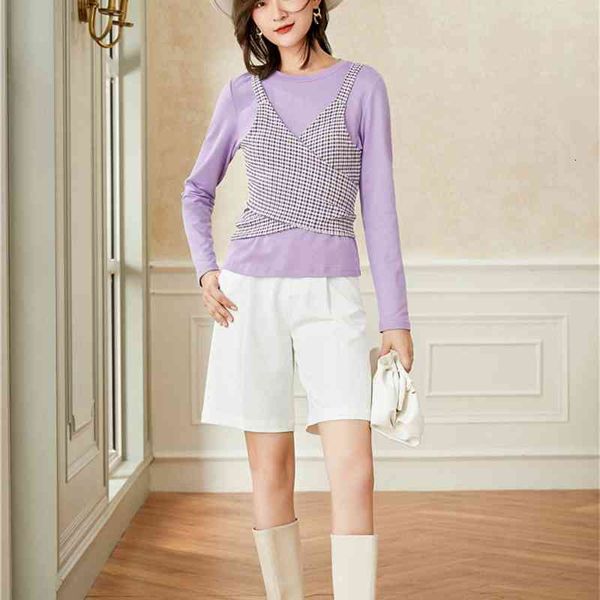 

women's t-shirt fake 2 piece autumn long sleeve purple patchwork t shirt women bandage tshirt plaid tie back tee designer 9pxw, White