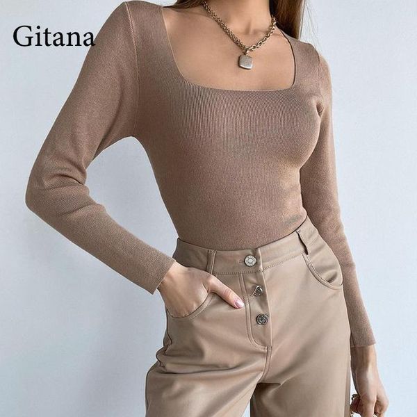 

women's sweaters gitana women sweater 2021 square collar long sleeve knitted pullover y2k autumn winter khaki fashion jumper, White;black