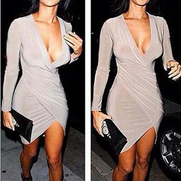 

s long sleeve deep womens dresses v neck bandage bodycon evening party club, Black;gray
