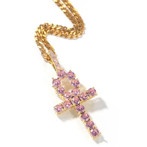 

pendant necklaces iced out hiphop pink zircon key cross necklace fashion for women men, Silver