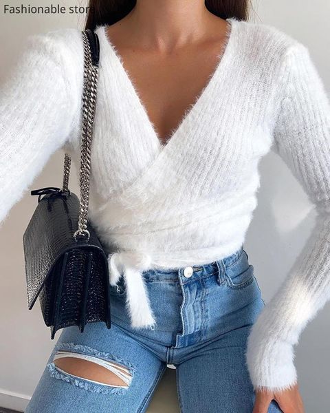 

women's sweaters women winter v neck long sleeve lace-up short sweater, White;black