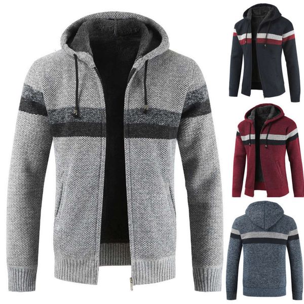 

2021 new cardigan stripe plush thickened hooded men's jacket trendy sweater, White;black