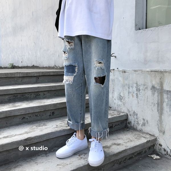 

2021 new recommend fabulous summer men's patch hole baggy homme cargo pocket jeans male casual pants light blue color trousers s-2xl e6