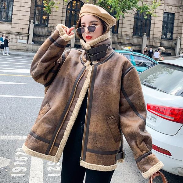 

women's fur & faux leather motorcycle jacket women 2021 winter warm thick lamb woo coal veste femme, Black