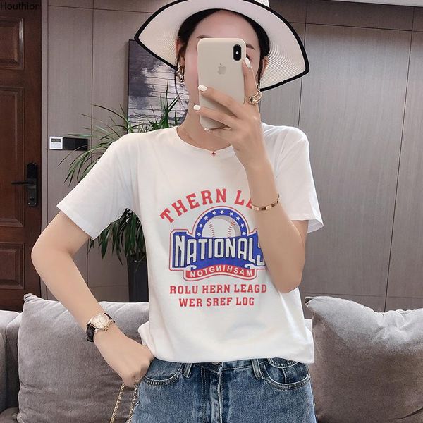 

women's t-shirt houthion printed short sleeve letter loose tshirt fashion casual korean solid t shirt o-neck summer, White