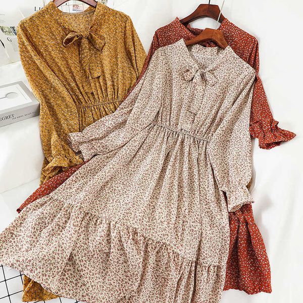 

age-reducing small broken flowers loose and thin, tie-collar bowknot waist mid-length dress 210709, Black;gray