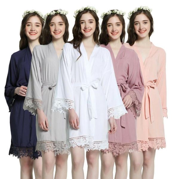 

women's sleepwear cotton lace bridal robes bridesmaid three-quarter sleeve rayon can be used as nightgown, Black;red