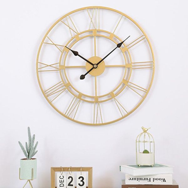 

wall clocks 40/60cm nordic metal roman numeral retro iron round face black gold large outdoor garden clock home decoration