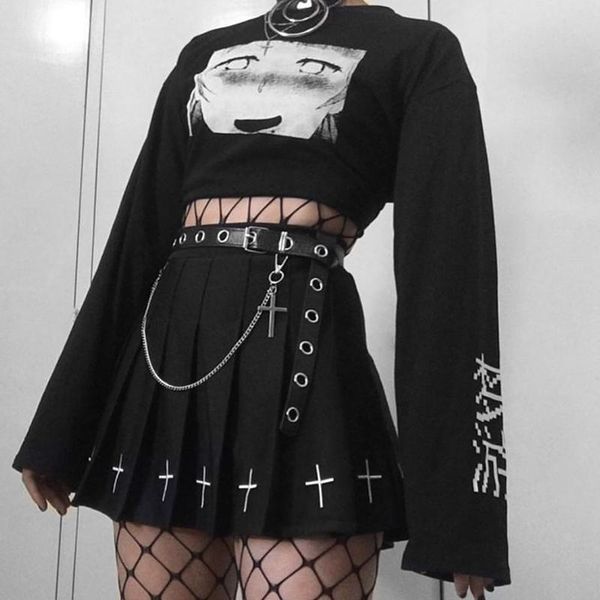 

women's t-shirt casual black print crop women gothic punk long sleeve short harajuku grunge female loose, White