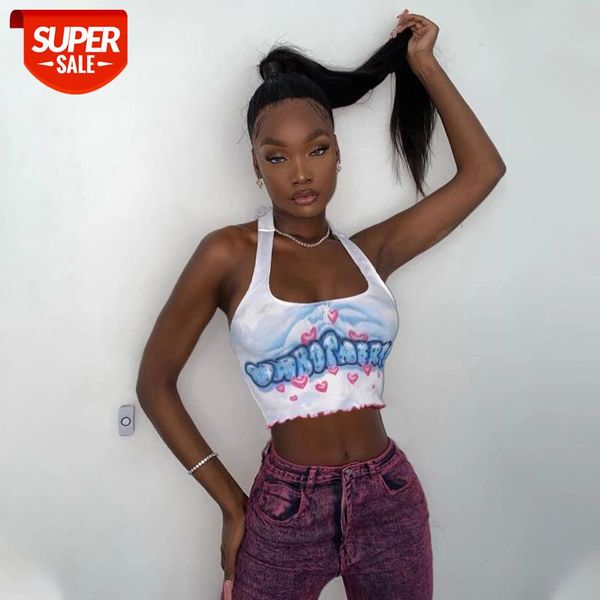 

kawaii graphic and letter printing halter crop fashion backless bandage ruffles hem sleeveless tank #yw7b, White