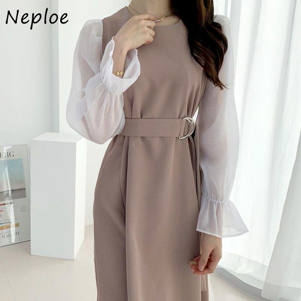 

casual dresses neploe autumn temperament o- neck female robe lace mesh patchwork women belt slim waist flare sleeve femme vestidos, Black;gray
