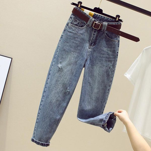 

spring summer 2021 new korea fashion women high waist loose ripped jeans vintage blue casual cotton denim harem pants u1rn