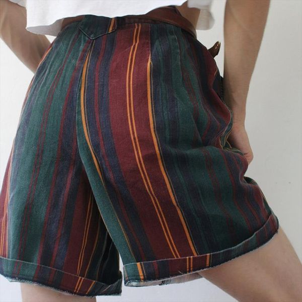 

summer striped plaid print women short pants buttons casual curly streetwear cool girl elegant fashion sweet shorts no belt, White;black