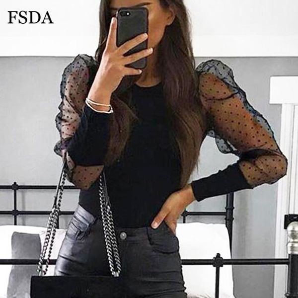 

women's jumpsuits & rompers fsda o neck patchwork long puff sleeve women bodysuit polka dot autumn spring black body pink casual of, Black;white