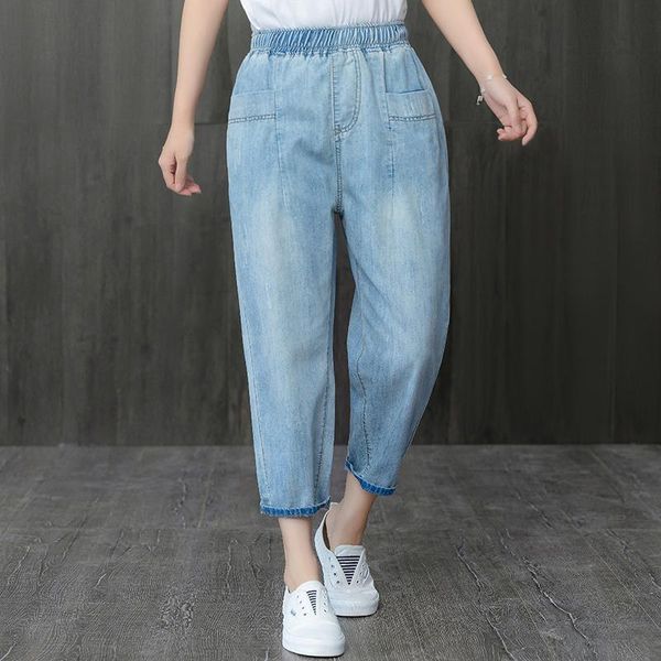 

women's jeans denim pants 2021 summer solid color elastic female trousers thin vintage loose casual ankle-length women, Blue