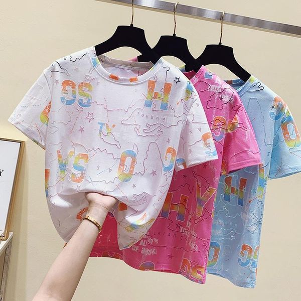 

women's t-shirt short-sleeved 2021 summer mesh personality hollow 3d texture fashionable and comfortable cottonwomen, White
