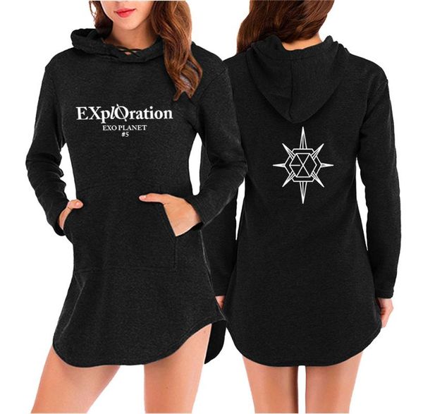 

casual dresses leisure hip hop exo kpop women dress print casual/cool spring hooded pocket women's, Black;gray