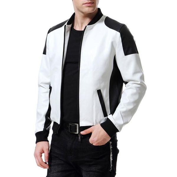 

men's fur & faux 2021 autumn casual leather clothing with stand collar youth black and white color pu jacket