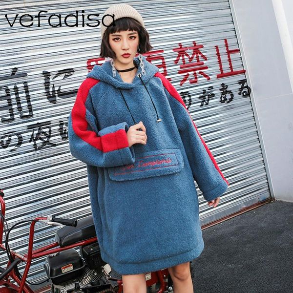 

women's hoodies & sweatshirts vefadisa women color matching fleece hooded sweatshirt dress 2021 winter embroidery letter printing dq636, Black