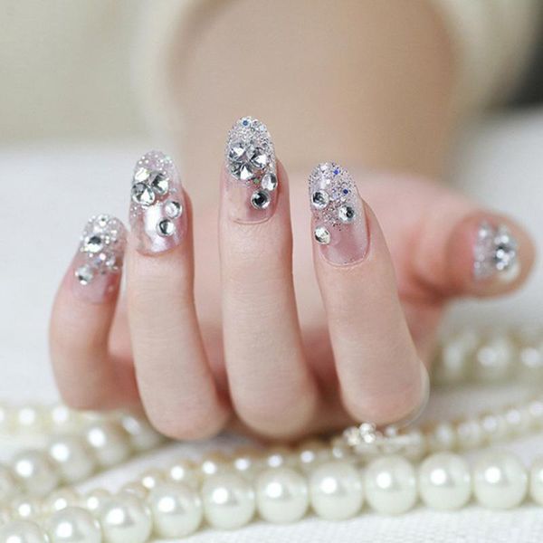 

false nails 24pcs shining rhinestone wedding transparent glitter gems crown designed square full short fake bride, Red;gold