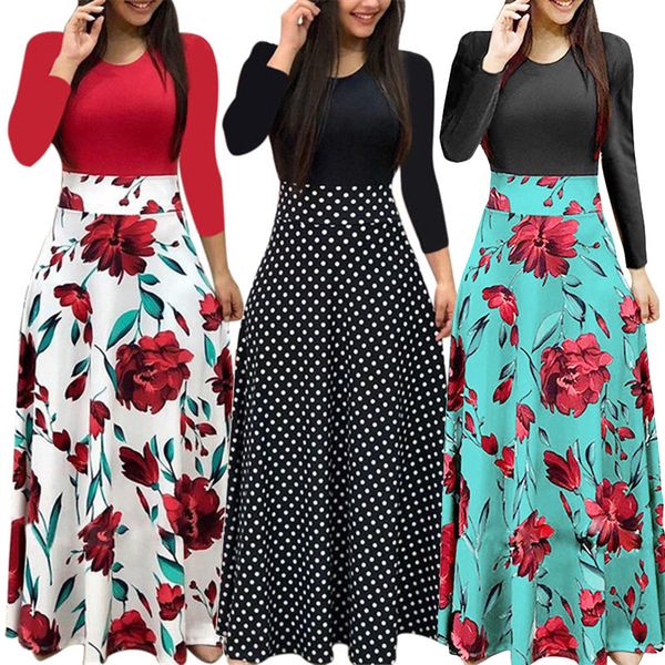 

2021 new autumn women's maxi vintage splice sleeve 5xl plus casual elegant ladies long es vestidos k2xl, Black;gray
