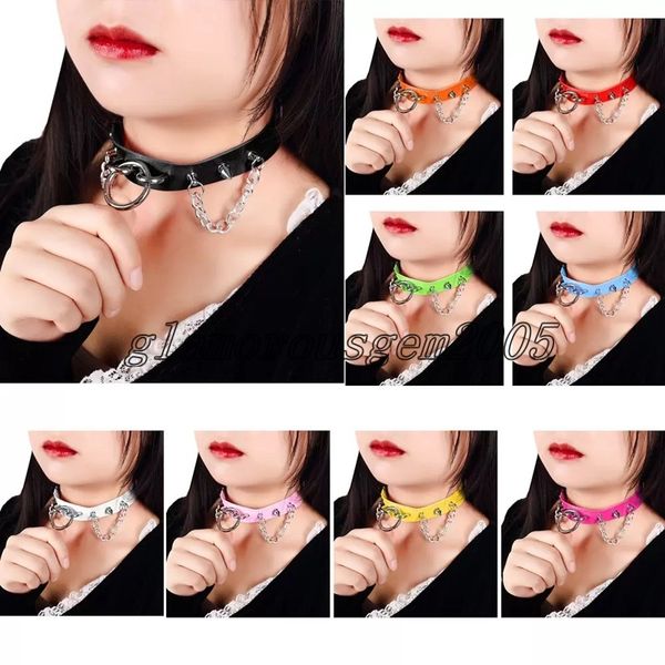 

harness fashion costume female necklace leather thick toggle clasp linked circle for women minimalist choker metal rivet jewelry, Golden;silver