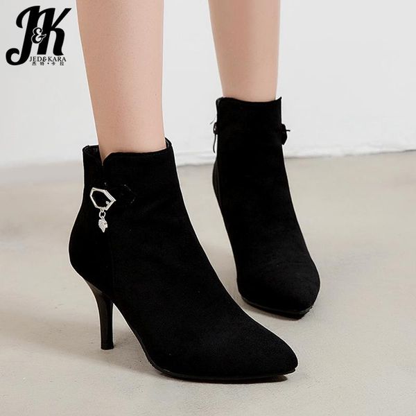 

boots jk thin high heels women ankle booties ladies fashion pointed toe shoes female flock zip winter 2021 plus size 32-45, Black