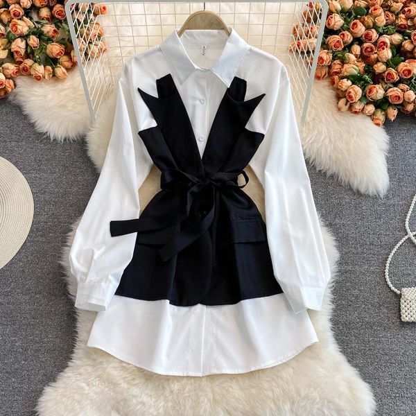 

casual dresses 2021fake two pieces women shirt dresse elegant patchwork bandage autumn korean vintage long sleeve fashionofficerobe femmedre, Black;gray