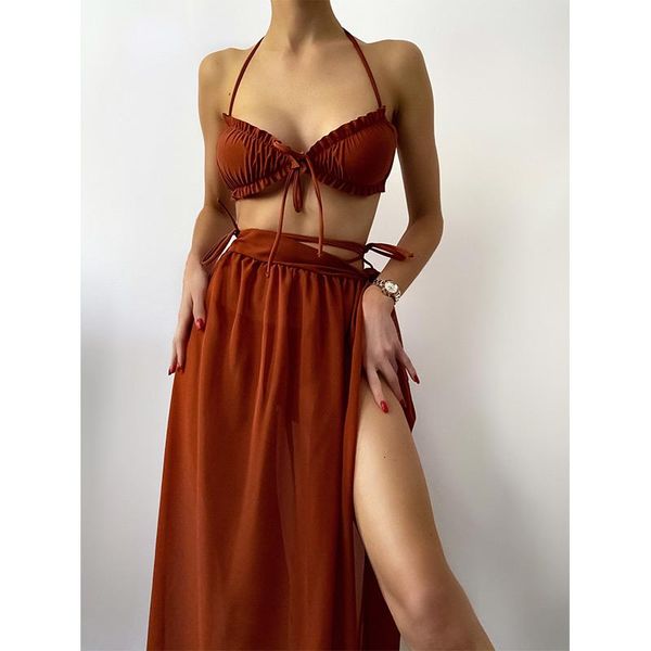 

rinabe ruffle bikini 3 piece swimsuit women biquini solid color bikinis cover up hollow out bikini set swimwear beach dress