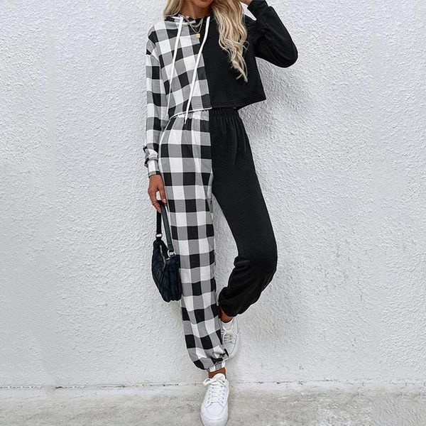 

women's two piece pants casual women plaid hoodie sets cropped drawstring and elastic high waist pant sut 2021 autumn streetwear tracks, White
