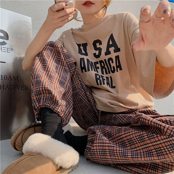 

2021 new 2colors2021 summer korean style print short sleeve t-shirt womens loose casual white beige tees shirt femme (m3639) xb48