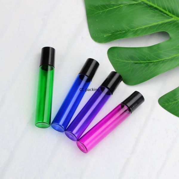 

5pcs 10pcs cosmetic perfume essential oil 5ml 10ml red green blue purple glass roll on bottle with plastic black lid for makeup