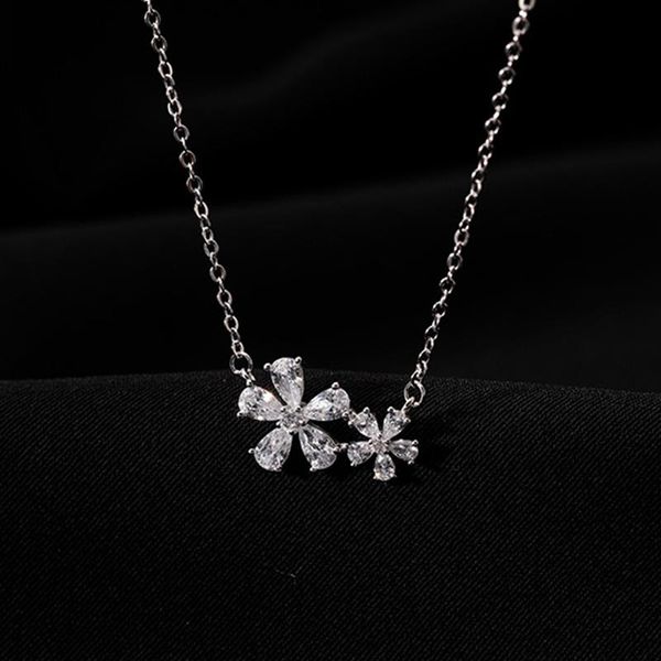 

pendant necklaces double flower zircon necklace female simple sweet style clavicle chain women korean version fashion minimalist jewelry, Silver