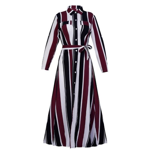 

casual dresses women's clothing color stripe printed shirt dress turn-down collar high waist ankle-length, Black;gray