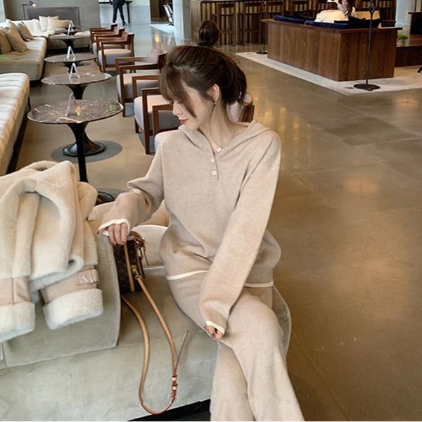 

women's tracksuits 2021 knitted two piece set women casual hooded pullover sweatshirts elastic waist sweater pants tracksuit spring clo, Gray